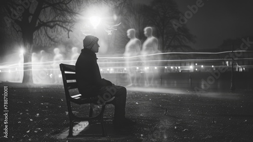 A lone person seated on a park bench surrounded by translucent ghostly images of their former selves