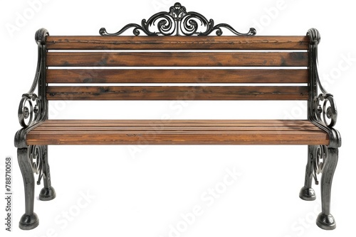 Brown wooden bench with a decorative ornate metal legs and armrests  isolated on a white background photo