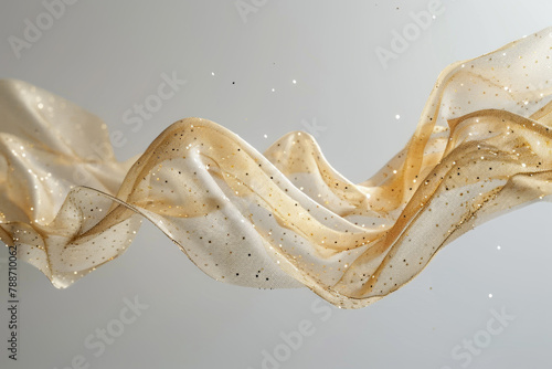 Abstract golden texture piece of fabric flying in the air in white studio © Chili