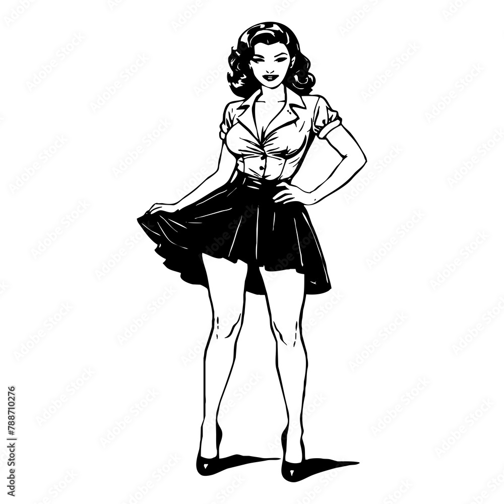 Black and white illustration. Fictional female character in the Pin Up style. Generated by Ai