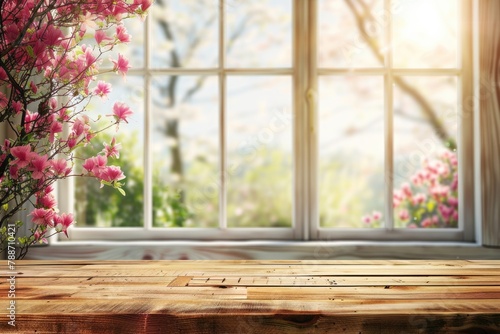 Light wooden table on defocuced spring window background. photo