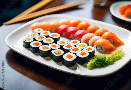 a tray of sushi with sushi sits on a table