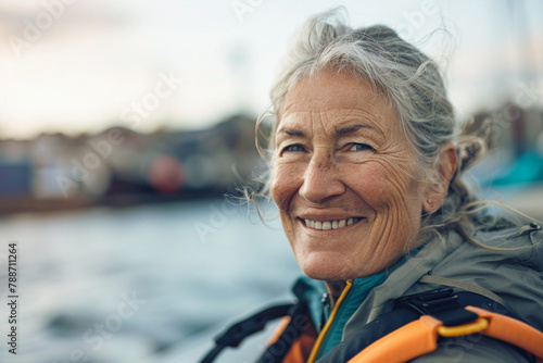 Smiling mature female rower looking over shoulder in rowing shell during practice in harbor