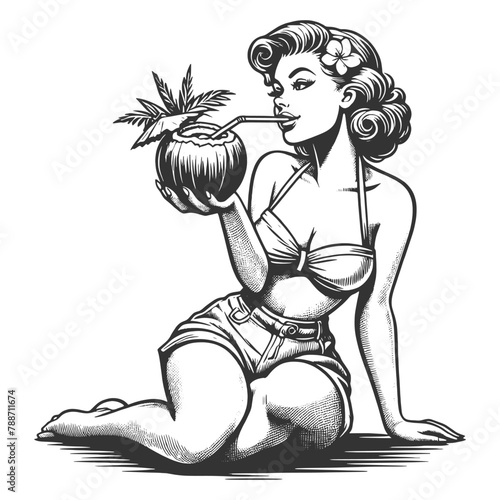 1950s pin-up girl sipping a drink from a coconut, summer vibes and retro charm sketch engraving generative ai fictional character vector illustration. Scratch board imitation. Black and white image.