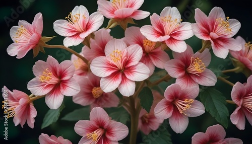 a group of pink blooms with yellow centers