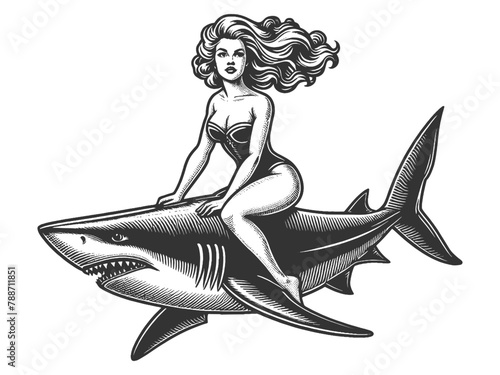 pin-up girl riding shark unique blend of vintage charm and adventurous spirit sketch engraving generative ai fictional character vector illustration. Scratch board imitation. Black and white image.