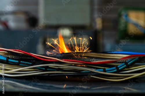 Flames, sparks, smoke between electrical cables, closeup. Short circuit in the twisted wires from the electrical devices, fire hazard concept