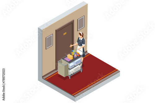 Isometric Housemaid opening the door to the room for cleaning. Woman chambermaid holding a towel standing with maid cart full of cleaning stuff in the hotel corridor