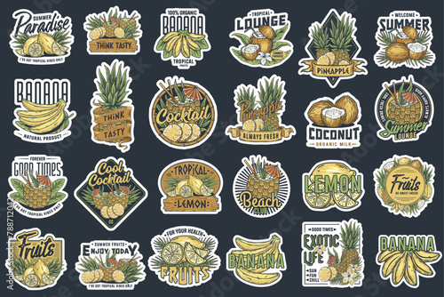 Colorful set of fruit-themed stickers for summer and tropical vibes. Fruits or exotic eco elements for vegetarian menu. Organic nature ingredients for food market