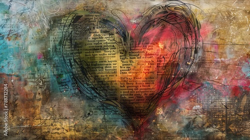 Abstract love heart intertwined with poetic verses, symbolizing a deep love for reading poetry