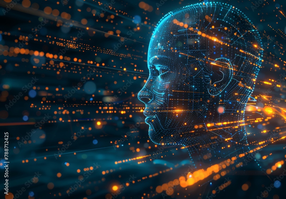 Digital Illustration of AI Head with Data Streams Generative AI
