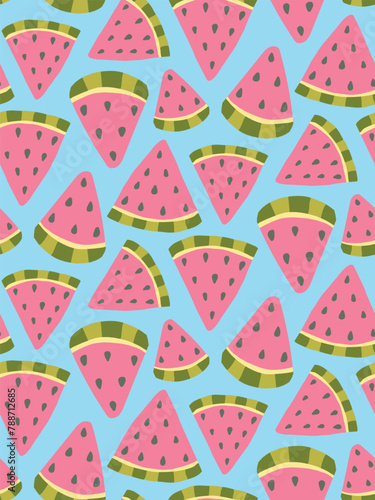 Seamless pattern of watermelon slices on a blue background, vibrant and perfect for summer themes, textiles, and fresh food concepts. © AlexTroi