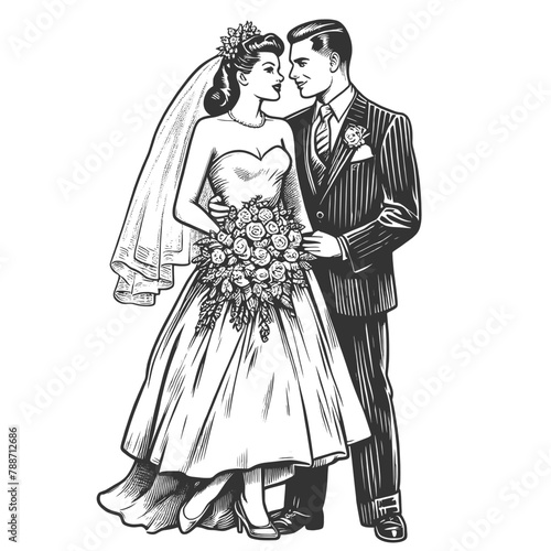 Bride and Groom 1950s sharing loving gaze, perfect for wedding themes and historical fashion sketch engraving generative ai fictional character vector illustration. Black and white image.