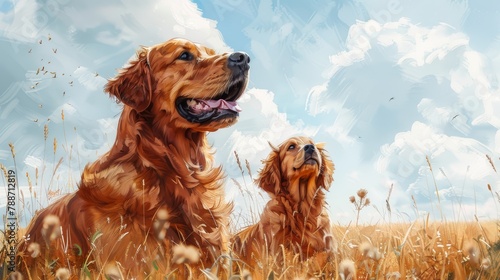 Golden Retriever Mother and Pup Watercolor Countryside Scene Generative AI