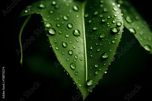 Flowing raindrops. Drops of water on a green leaf of a tree.