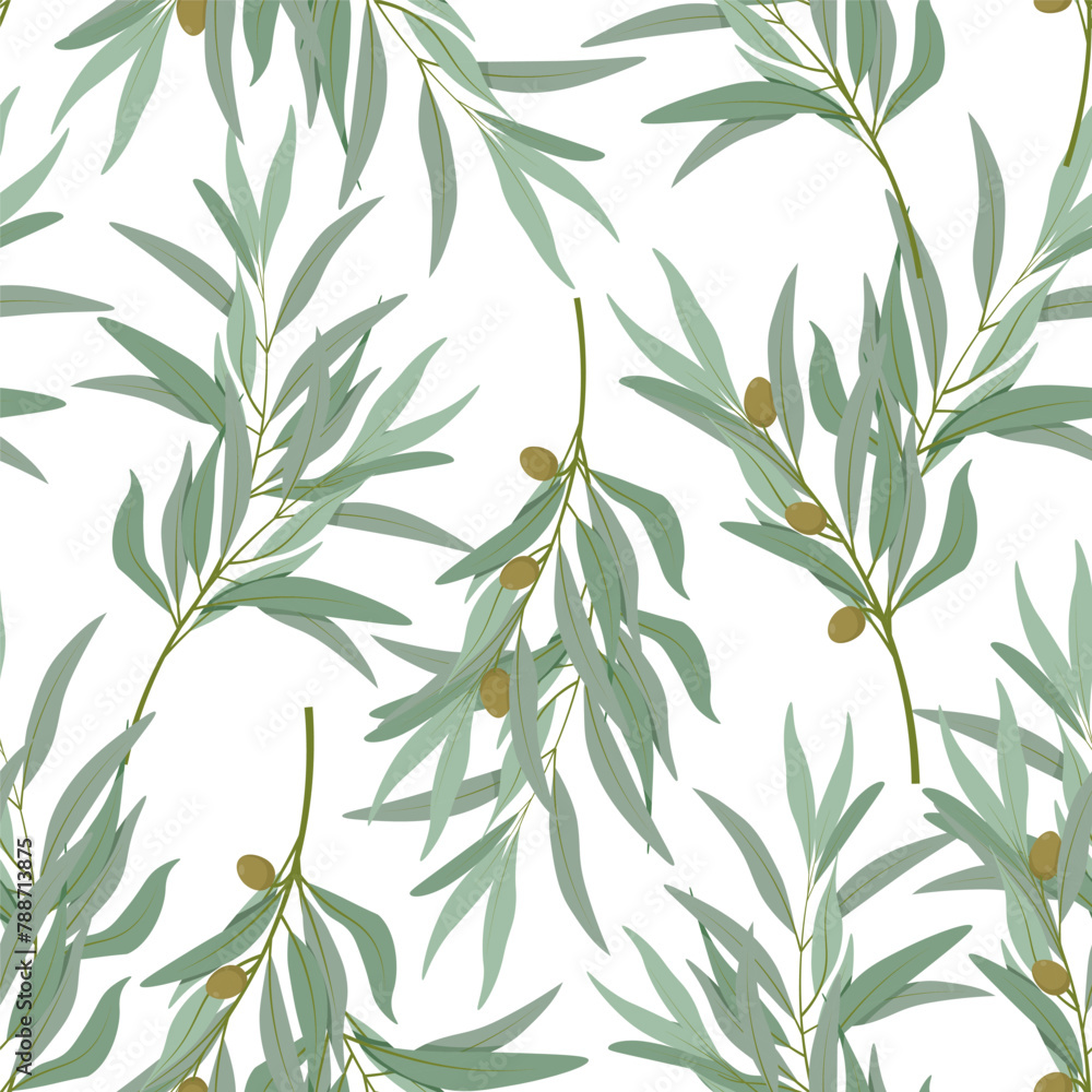 Seamless pattern of olive branches with olives on a white background