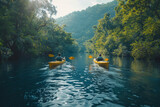 A couple kayaking on a serene lake, savoring the tranquility and serenity of the water surrounded by lush greenery. Concept of recreational activities in nature. Generative Ai.