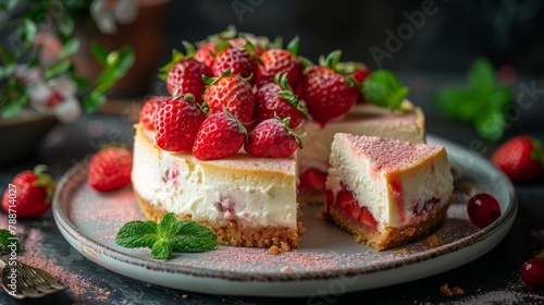   A cheesecake  sliced and placed on a plate  topped with strawberries