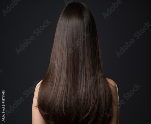 Woman with glossy brunette hair from behind  dark backdrop