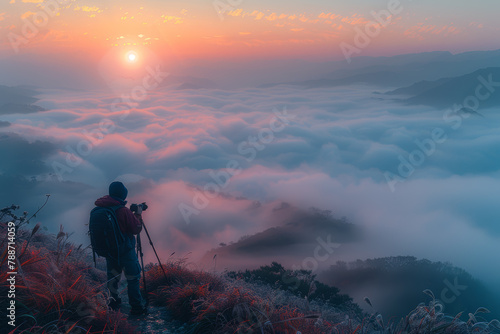 A photographer capturing the beauty of a sunrise over a misty mountain range  showcasing the awe-inspiring scenery. Concept of landscape photography and natural beauty. Generative Ai.