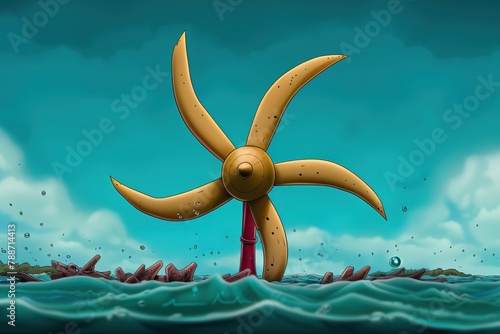 A tidal energy barrage harnesses the power of rising and falling tides, generating electricity without harming marine ecosystems, closeup at its underwater turbines and the tranquil tidal currents