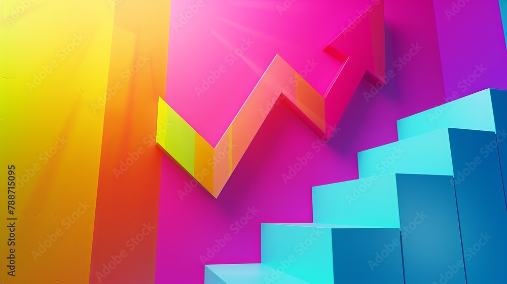 Colorful 3D zigzag arrow ascending amidst blocks against a gradient background. Visual metaphor for dynamic market trends and business growth. Colorful 3D zigzag arrow ascending amidst blocks against a gradient background. Visual metaphor for dynamic market trends and business growth.