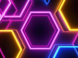 Abstract neon hexagon pattern on dark background. Modern digital art with colorful light effects. Neon geometric design concept.