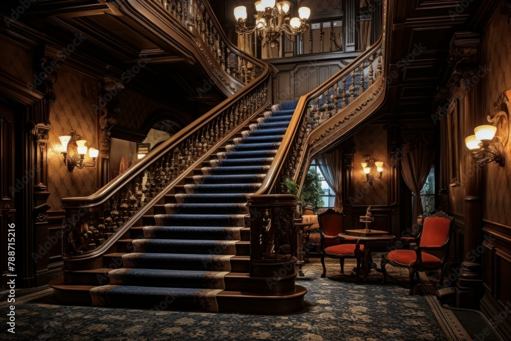 Ornate Marble stairs blue carpet historic hotel. Palace event vip party decoration. Generate Ai