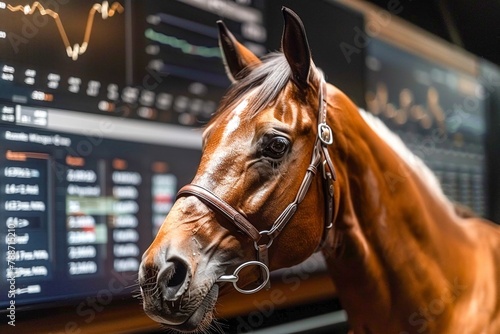 A close up of a thoroughbred racehorse with a financial data display in the background. photo