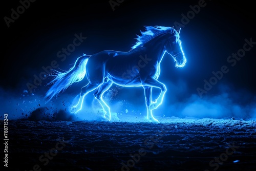 A blue neon horse is running in the dark night. © weerasak