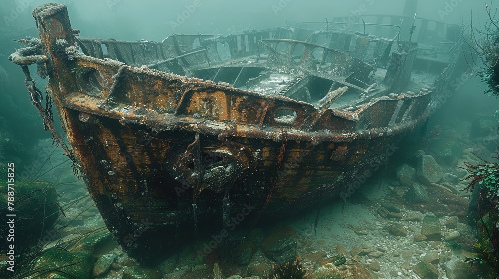 Amidst the tranquil underwater world, the rusted hull of a medieval shipwreck tells a silent sto