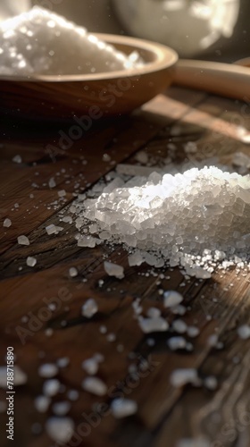 Macro shot revealing the crystalline structure of sea salt flakes on wood. Sparkling sea salt grains against the contrast of a dark wooden background.