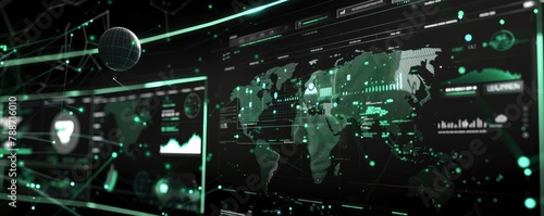 A globe map with green highlights and charts, graphs, data points of global internet traffic displayed against a black and white digital backdrop.