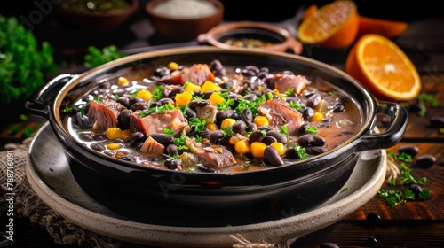 Feijoada typical classic carnival dishes. Traditional Brazilian food made with a hearty stew of black beans, pork and salt beef photo