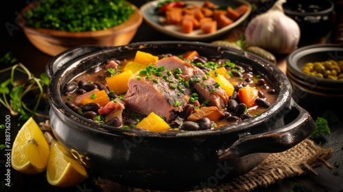 Feijoada typical classic carnival dishes. Traditional Brazilian food made with a hearty stew of black beans, pork and salt beef photo