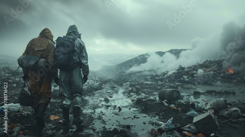 Amidst the stark landscape of a landfill site, two men don personal protective equipment as they confront a mountain of garbage, trash, and plastic waste stretching as far as the eye can photo