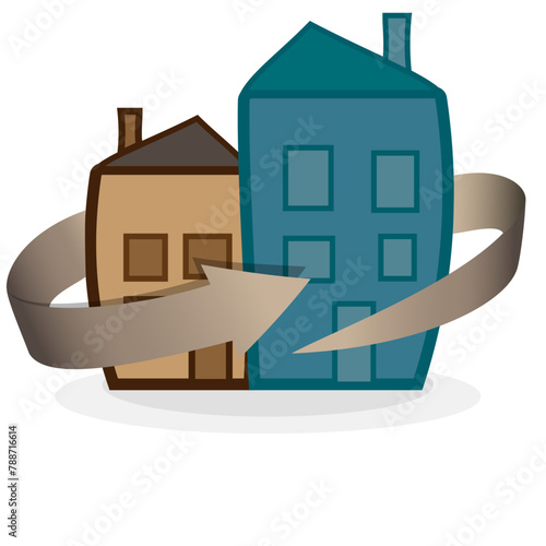 icons, drawings of houses with an arrow 