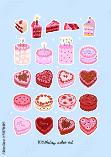 Set of various birthday cakes. Vector flat illustration sticker pack. Cliparts for holidays and greetings