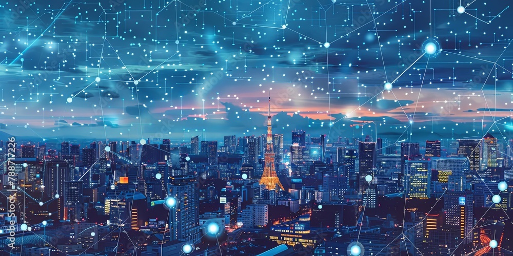 Digital city skyline with IoT devices connecting businesses