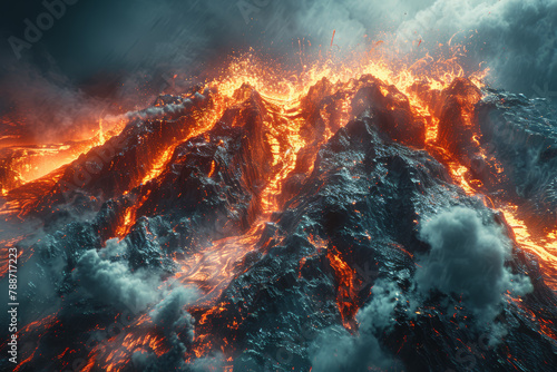 The intersection of a volcanic eruption and a glacier, illustrating the collision of intense heat and freezing temperatures. Concept of extreme temperature contrasts. Generative Ai.