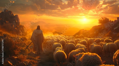 Transport yourself to a scene of divine grace and spiritual renewal as Jesus, the Shepherd of souls, gathers his flock of sheep beneath the radiant glow of a setting sun. 