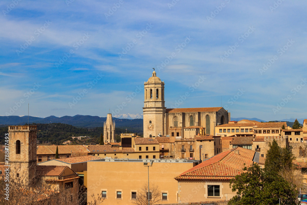 Panoramic view of Girona viewed from the medieval city walls, Catalonia, Spain