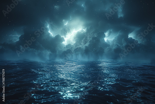 The meeting point of a lightning strike and a calm ocean surface, symbolizing the collision of electrifying energy and serene maritime environments. Concept of atmospheric discharge. Generative Ai.