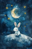 Whimsical Moonlit Bunny Illustration Generative AI
