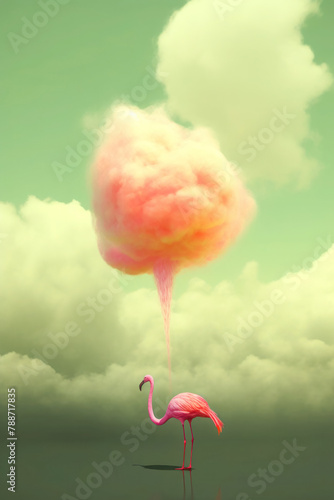 Surreal Flamingo Under Cotton Candy Cloud