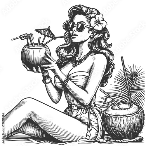 1950s pin-up girl sipping a drink from a coconut, summer vibes and retro charm sketch engraving generative ai fictional character vector illustration. Scratch board imitation. Black and white image.