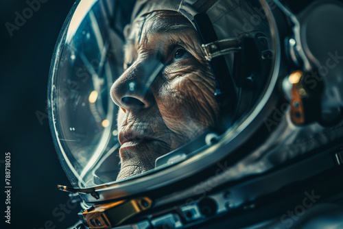 Cinematic portrait of an old astronaut coming back home. Grandmother with vintage space suit. Fiction concept about space exploration and science