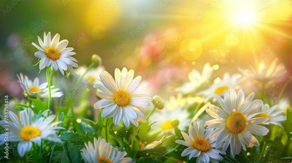 White flowers are blooming yellow or orange flower petals can be seen in the middle full of green nature around open sky shining sun around. Copy space image