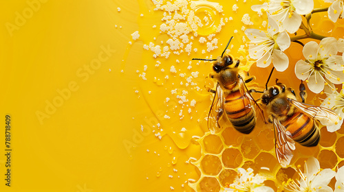 close up of a bee on a flower with honeyomb visible, yellow tonation (4) photo