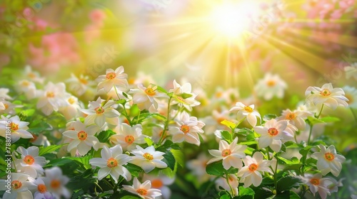 White flowers are blooming yellow or orange flower petals can be seen in the middle full of green nature around open sky shining sun around. Copy space image © JovialFox